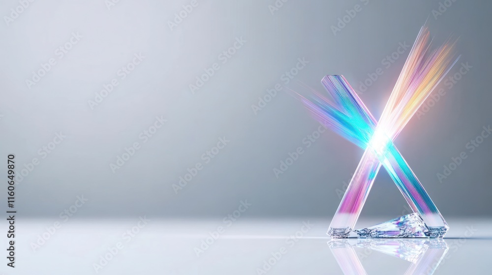 Poster a prism refracting light, creating colorful beams in a minimalist setting.