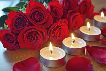 A bouquet of red roses and candles on a table, perfect for romantic occasions or special events
