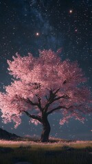 A magnificent and beautiful cherry blossom tree standing alone, with a beautiful view of the stars in the night sky