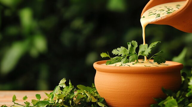Indian masala chaas spiced buttermilk in a clay cup, bustling Kolkata streets, tangy and cooling summer beverage