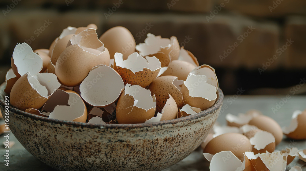 Aufkleber pile of empty eggshell halves in a rustic ceramic bowl on a table surface