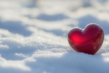 Fototapeta premium A single red heart sits atop snowy terrain, isolated and serene