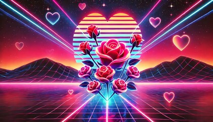 Fototapeta premium Neon Retro Futuristic Landscape with Roses, Hearts, and a Vibrant Sunset - Synthwave Love-Themed Digital Art