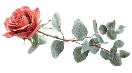 Single red rose on white background.