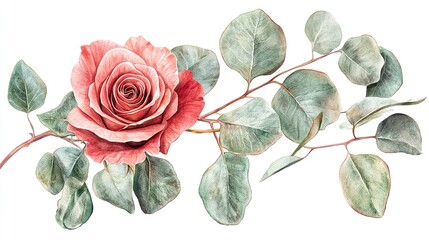 Single red rose on white background.