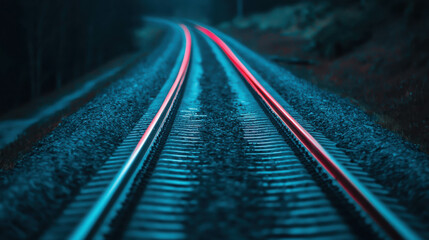 Serene Night Rail Tracks with Glowing Lights and Captivating Depth of Field