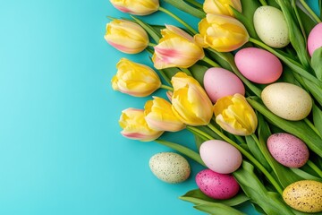 A still life image featuring a collection of yellow tulips and eggs arranged on a blue background