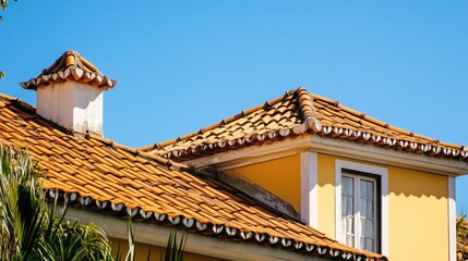 A bright yellow house with a red roof and a white window, perfect for architectural or design use