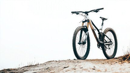 Fototapeta premium A mountain bike with sturdy wheels stands on a hilltop with a view of the clear sky