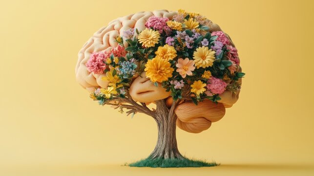 human brain shaped like a tree, with branches and leaves blooming into vibrant flowers. 
