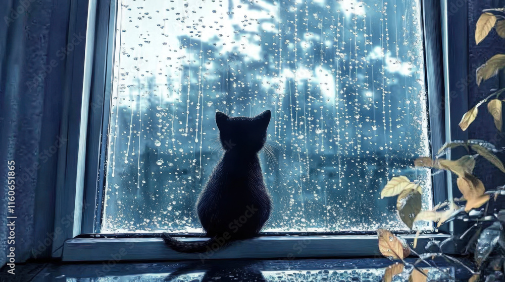 Poster a silhouette of a cat gazes through a rain-soaked window, with soft light filtering through, creatin