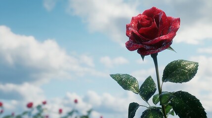 Single red rose on white background.