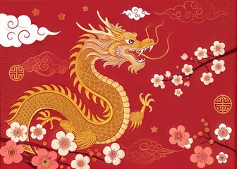 Golden Chinese Dragon with Cherry Blossoms on Red Background