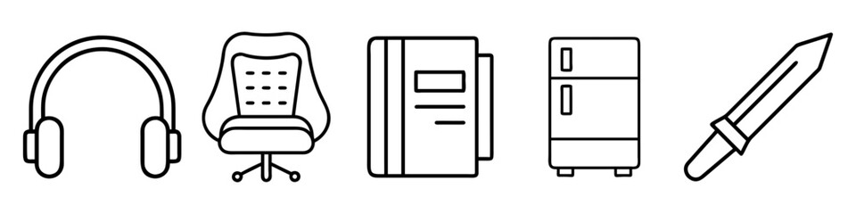 Line Icons of Office and Personal Items - Minimalistic line icons featuring headphones, an office chair, a notebook, a refrigerator, and a pen for versatile workspace designs.