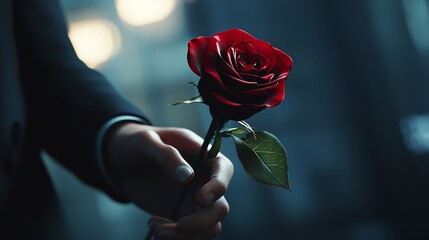 Single red rose on white background.