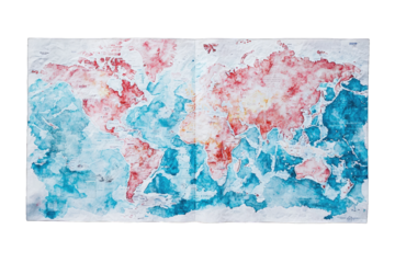 Artistic world map with watercolor effect in red and blue tones