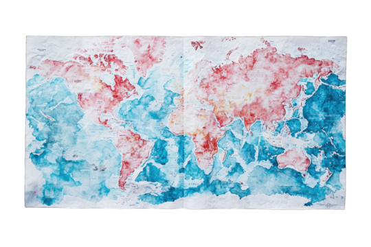 Artistic world map with watercolor effect in red and blue tones