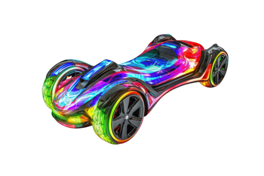 vibrant, futuristic car design with colorful neon lights and sleek curves