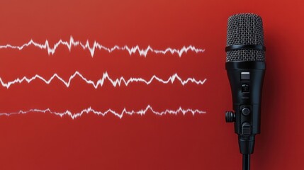 Fototapeta premium Sleek Black Microphone with Soundwave on Bold Red Background