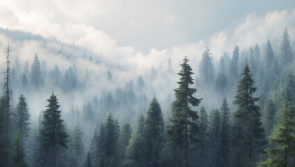 Obraz premium Misty Fir Forest Captured in a Dreamlike Generative AI Artwork