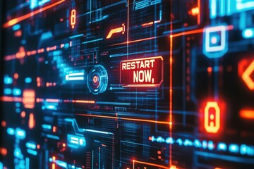 Cybersecurity Interface with Neon Accents Featuring "RESTART NOW" Warning on a Futuristic Background for Digital Safety Concepts