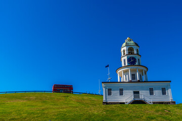 A view of a tourist bus climbing up the banks of the Citadel fort in Halifax, Nova Scotia, Canada in the fall