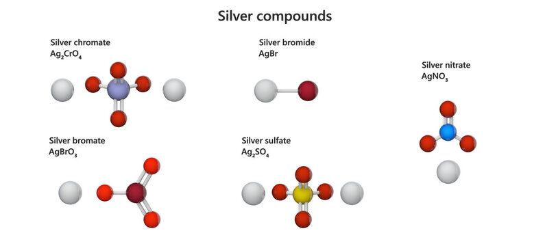 A Set of various silver compounds (Ag): bromide, bromate, chromate, nitrate, and silver sulfate. White background. 3d illustration.