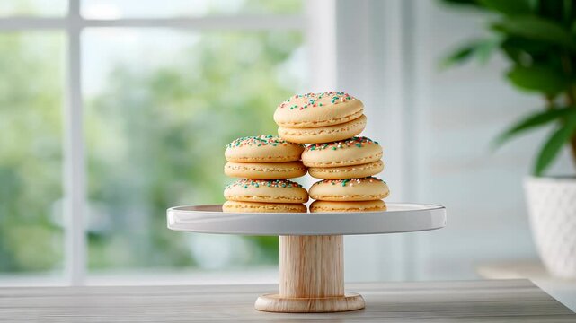 Delicious stacked cookies on a wooden stand with a bright background and natural light in a cozy kitchen setting