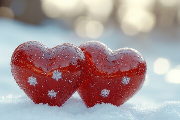 Fototapeta premium Two small red hearts sit atop a snowy surface, a romantic gesture in winter