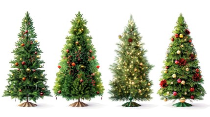 Four decorated Christmas trees with various ornaments.