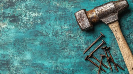 Rusty Hammer and Nails on a Textured Turquoise Background