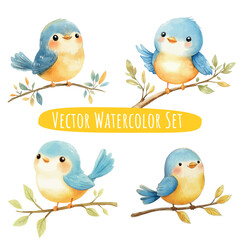 Fototapeta premium Watercolor Blue Bird Illustrations Vector Set