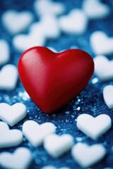 A symbol of love and affection, this image features a red heart surrounded by smaller white hearts on a blue background
