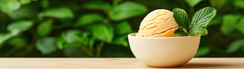 Peruvian lucuma ice cream with caramel swirl, Machu Picchu ruins as the backdrop, traditional and rich summer treat