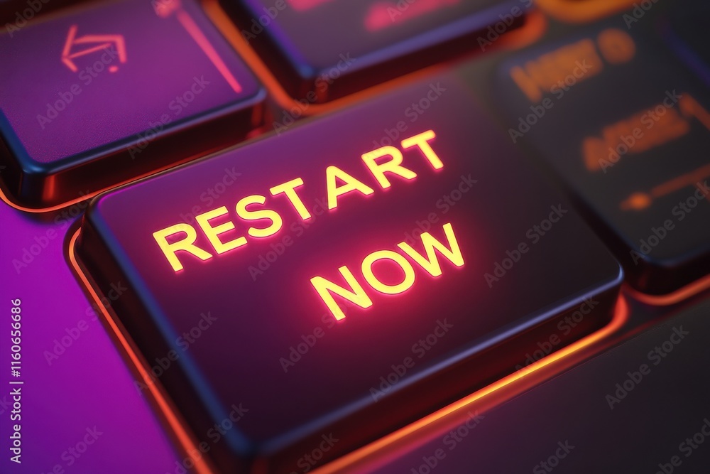 Poster dramatic close-up of a glowing restart now button on a keyboard with low light focus and vibrant bac