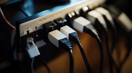 A detailed view of wires plugged into a laptop, perfect for illustrating digital connectivity or computer setup scenarios