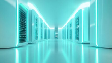 modern data server center with rows of sleek, high-tech server racks set against a clean white background.