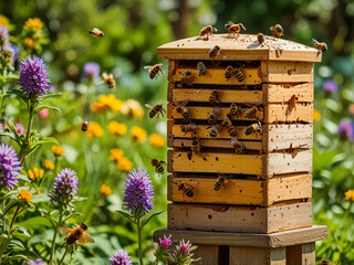 a bee house with bees and flowers in the background