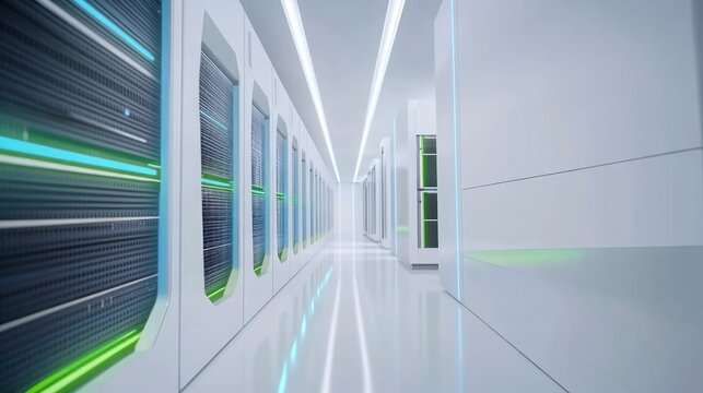modern data server center with rows of sleek, high-tech server racks set against a clean white background. - Powered by Adobe