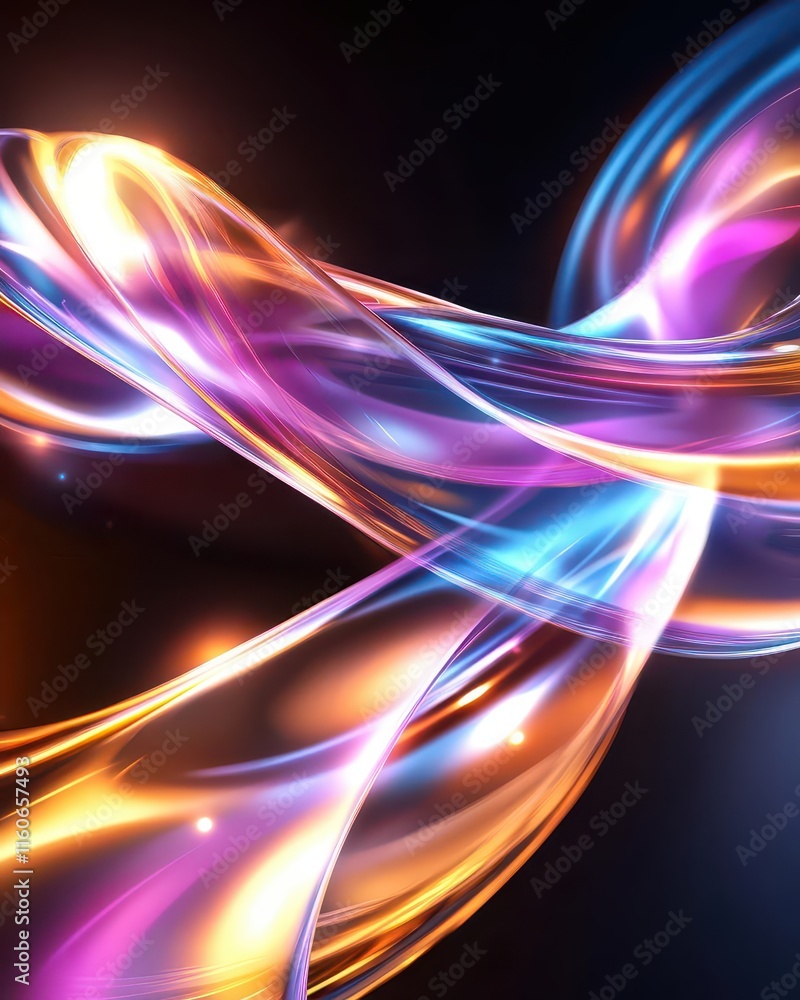 Poster abstract swirling ribbons in luminous colors, kinetic energy visuals, dynamic and futuristic design 