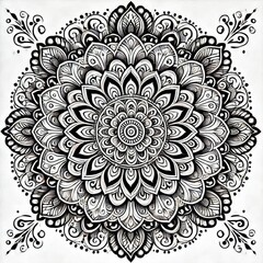 Intricate Black and White Floral Mandala Design | Symmetrical Mehndi-Inspired Art | Detailed Geometric Patterns for Coloring Books and Tattoos