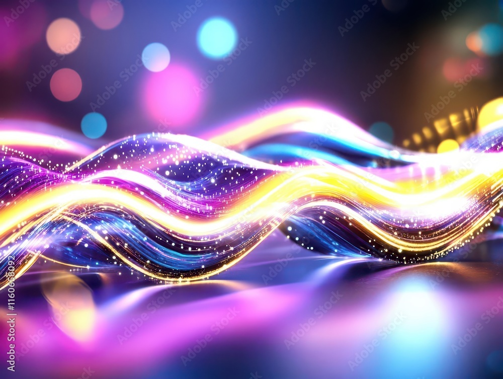 Poster shifting waves of light create dynamic illusions with futuristic energy design concepts, showcasing 