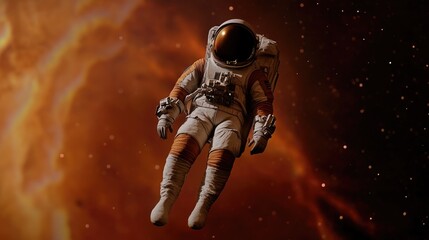 Fototapeta premium An astronaut floats in mid-air, with a bright orange background
