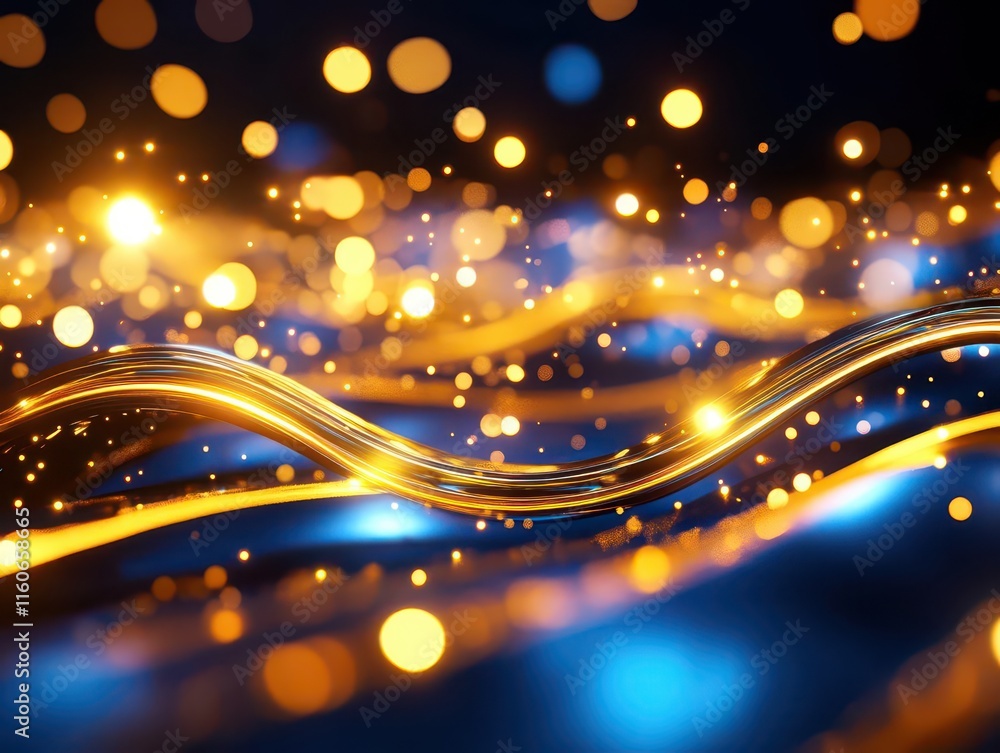 Poster shimmering geometric particles forming dynamic waves, kinetic motion design, energy and transformati