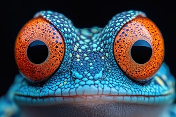 Close up of a frog's eyes on a dark, black background