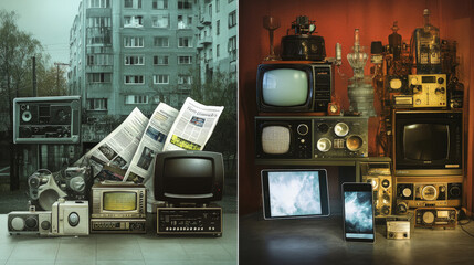 A visual metaphor showing traditional media like newspapers, TV, and radios fading into the background, while modern digital devices take center stage. This image highlights the shift from traditional