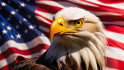 a bald eagle with a flag in the background