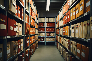 Files on the shelves in the archive. International Archives Day concept. June 9.