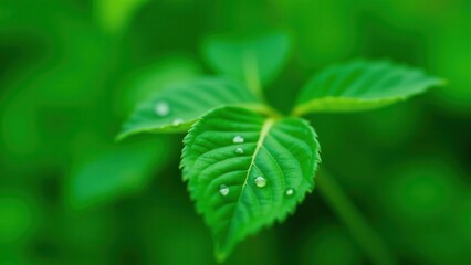 A lush, emerald-green leaf glistens with dew-kissed droplets, suspended against a soft, blurred background of verdant foliage