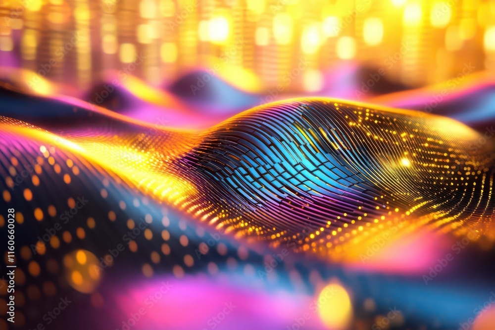 Poster dynamic wave patterns with high-contrast colors creating kinetic illusions, energy and motion design